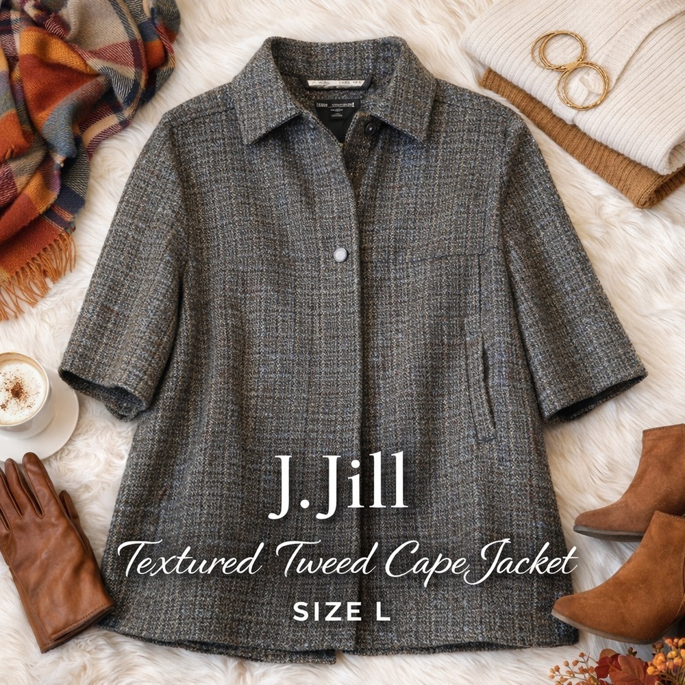 J. Jill Textured Tweed Cape Jacket Snap Front Pockets Size L